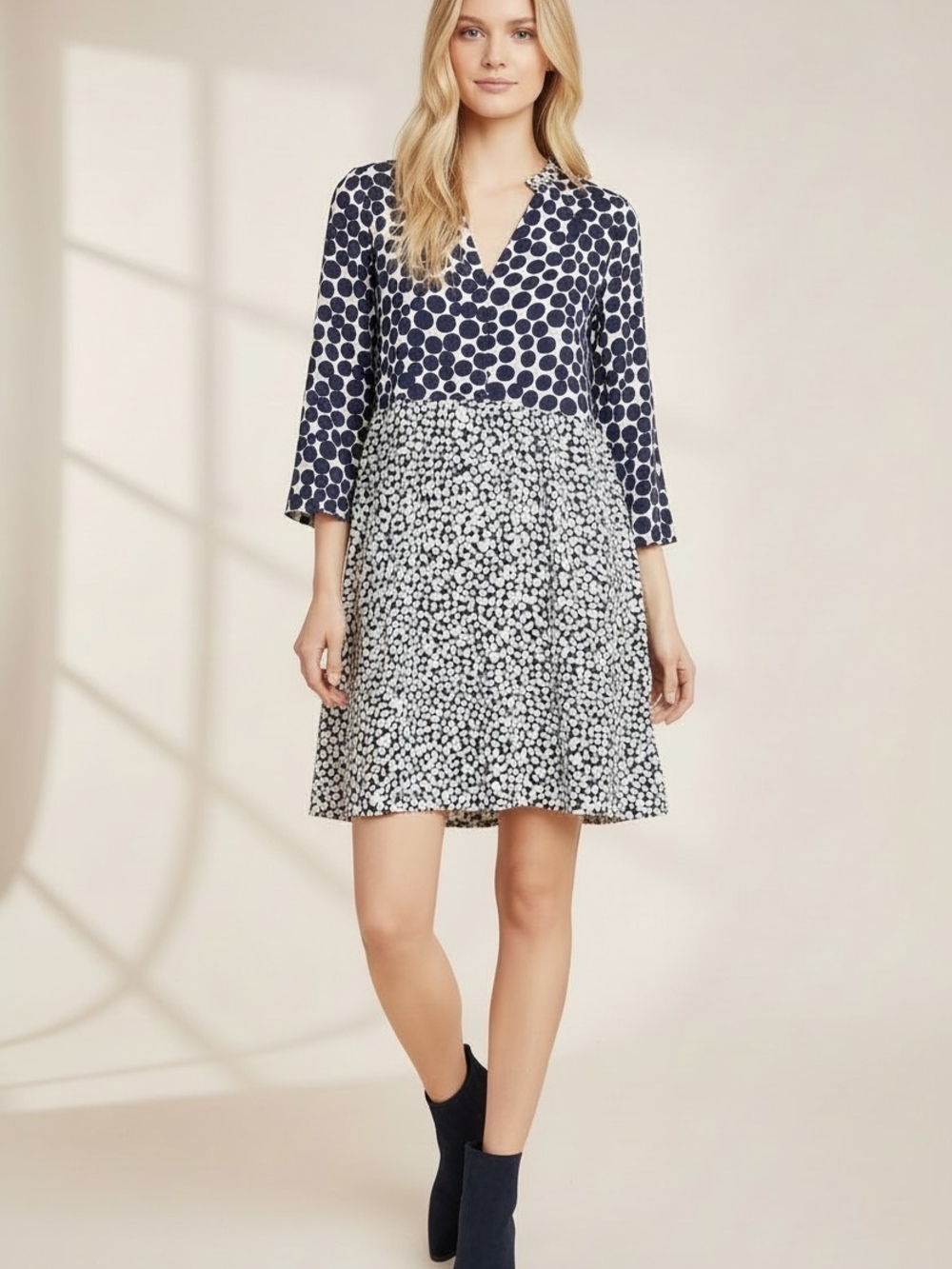 Anthropologie Navy & White Mixed Dot V-Neck Mini Dress